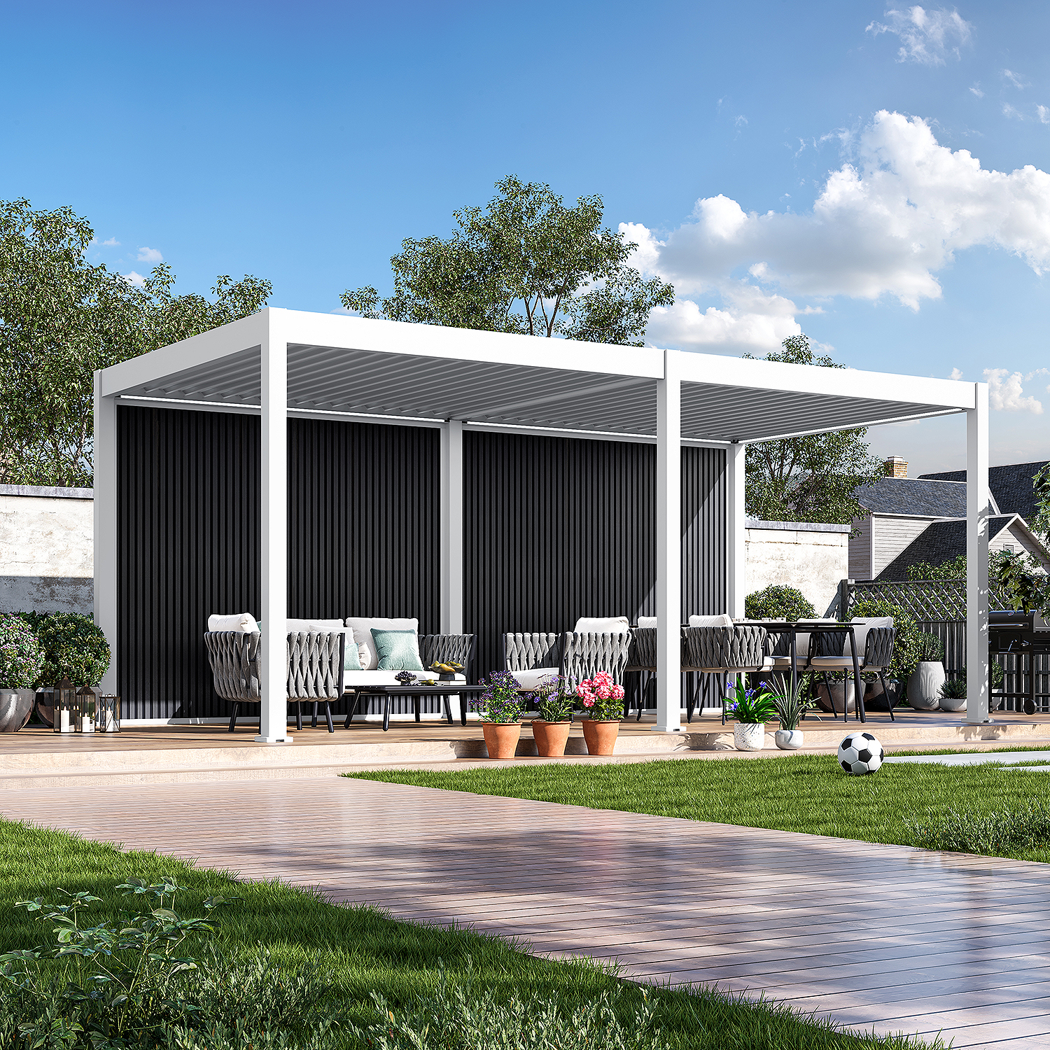 WPC Sichtschutzwand Holzoptik (Teak) – Lamellenwand für Pergola | wetterfest & langlebig pergola-line.ch - WPC Sichtschutzwand Holzoptik (Teak) – Lamellenwand für Pergola | wetterfest & langlebig