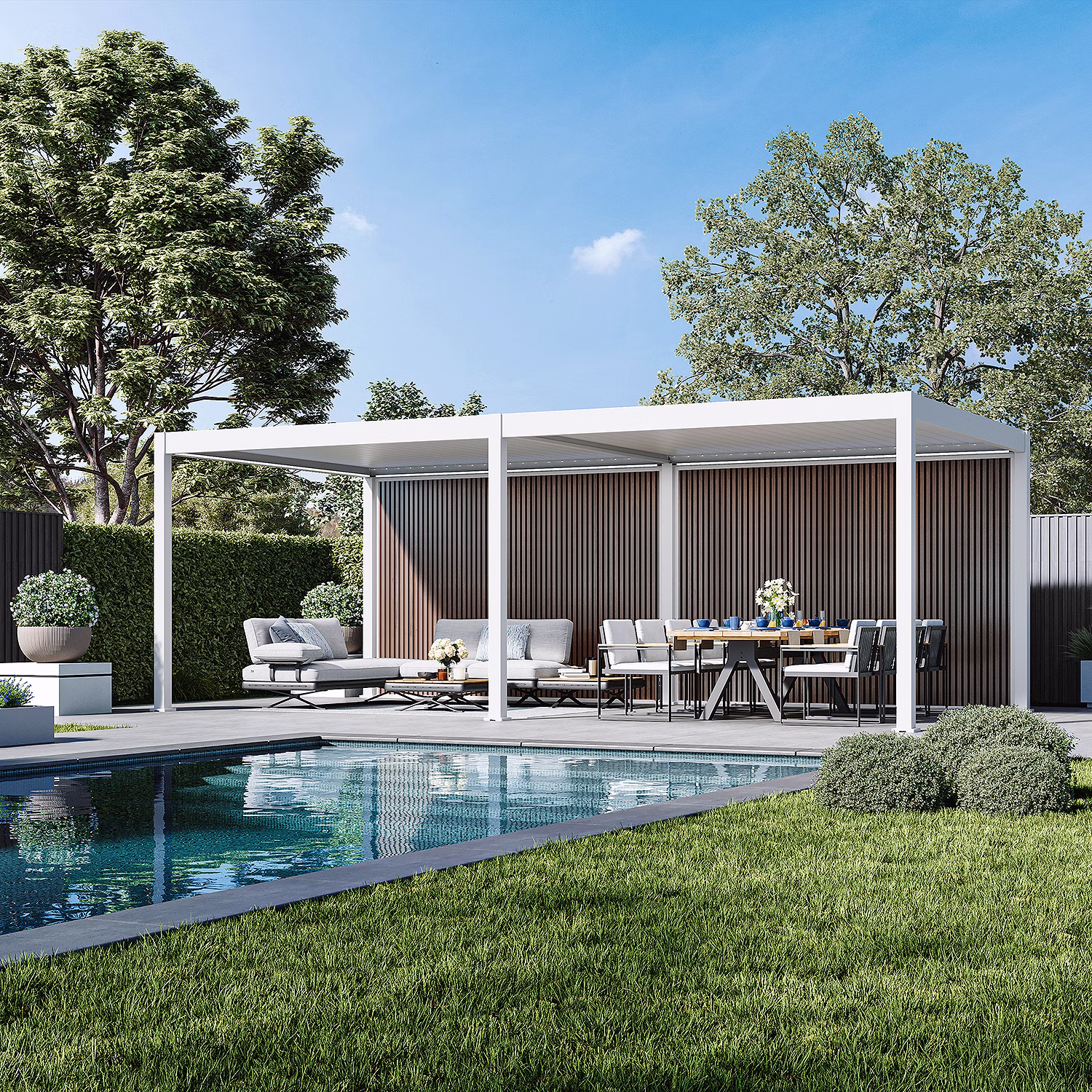 WPC Sichtschutzwand Holzoptik (Teak) – Lamellenwand für Pergola | wetterfest & langlebig pergola-line.ch - WPC Sichtschutzwand Holzoptik (Teak) – Lamellenwand für Pergola | wetterfest & langlebig