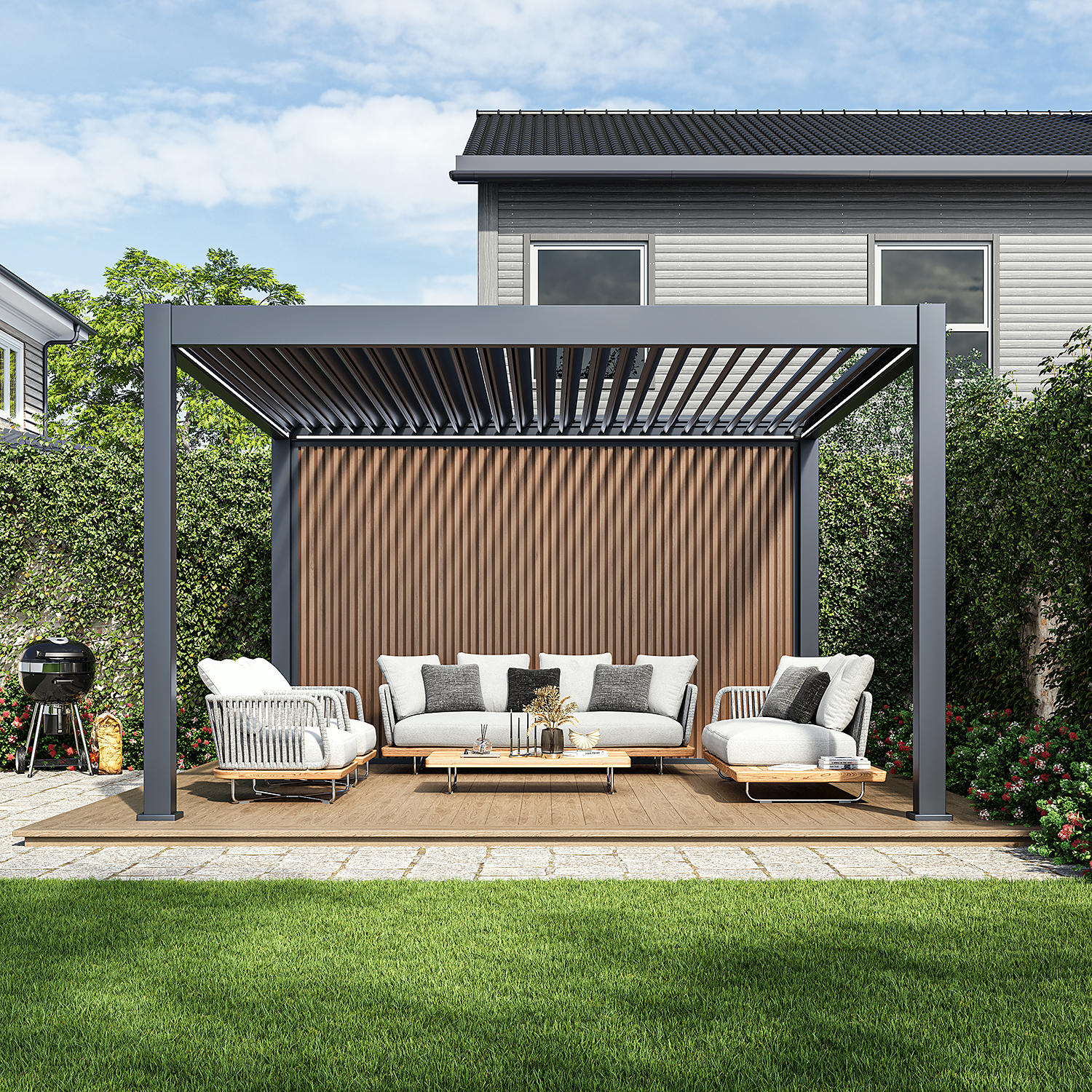 WPC Sichtschutzwand Holzoptik (Teak) – Lamellenwand für Pergola | wetterfest & langlebig pergola-line.ch - WPC Sichtschutzwand Holzoptik (Teak) – Lamellenwand für Pergola | wetterfest & langlebig